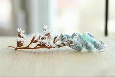 Faceted mint resin ring with shimmering silver flakes — minimalist handmade jewelry