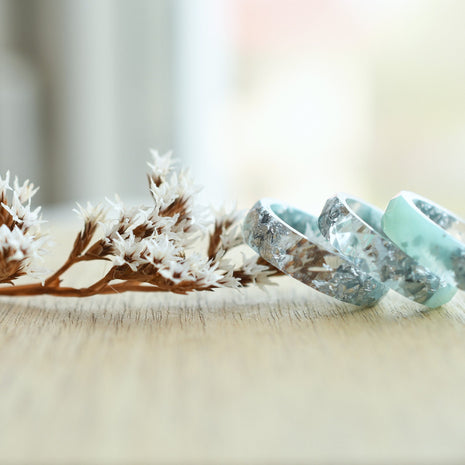 Faceted mint resin ring with shimmering silver flakes — minimalist handmade jewelry