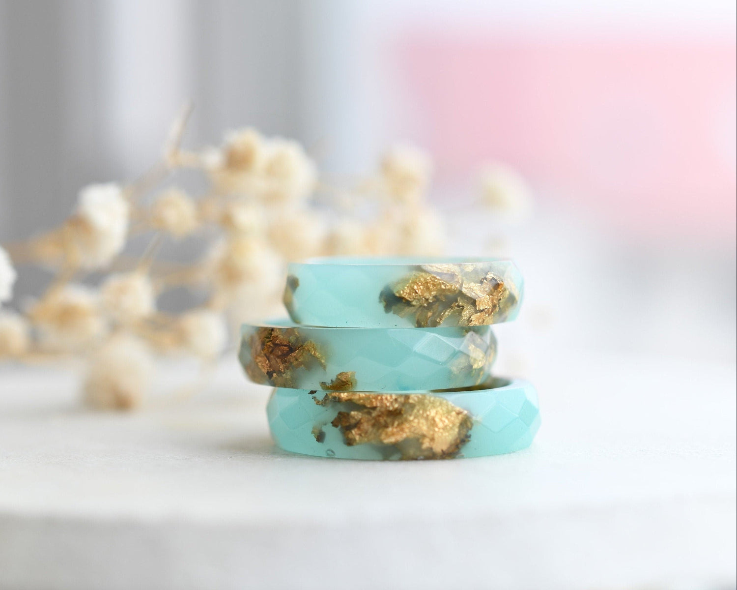 Faceted turquoise resin ring with shimmering gold flakes — minimalist handmade jewelry