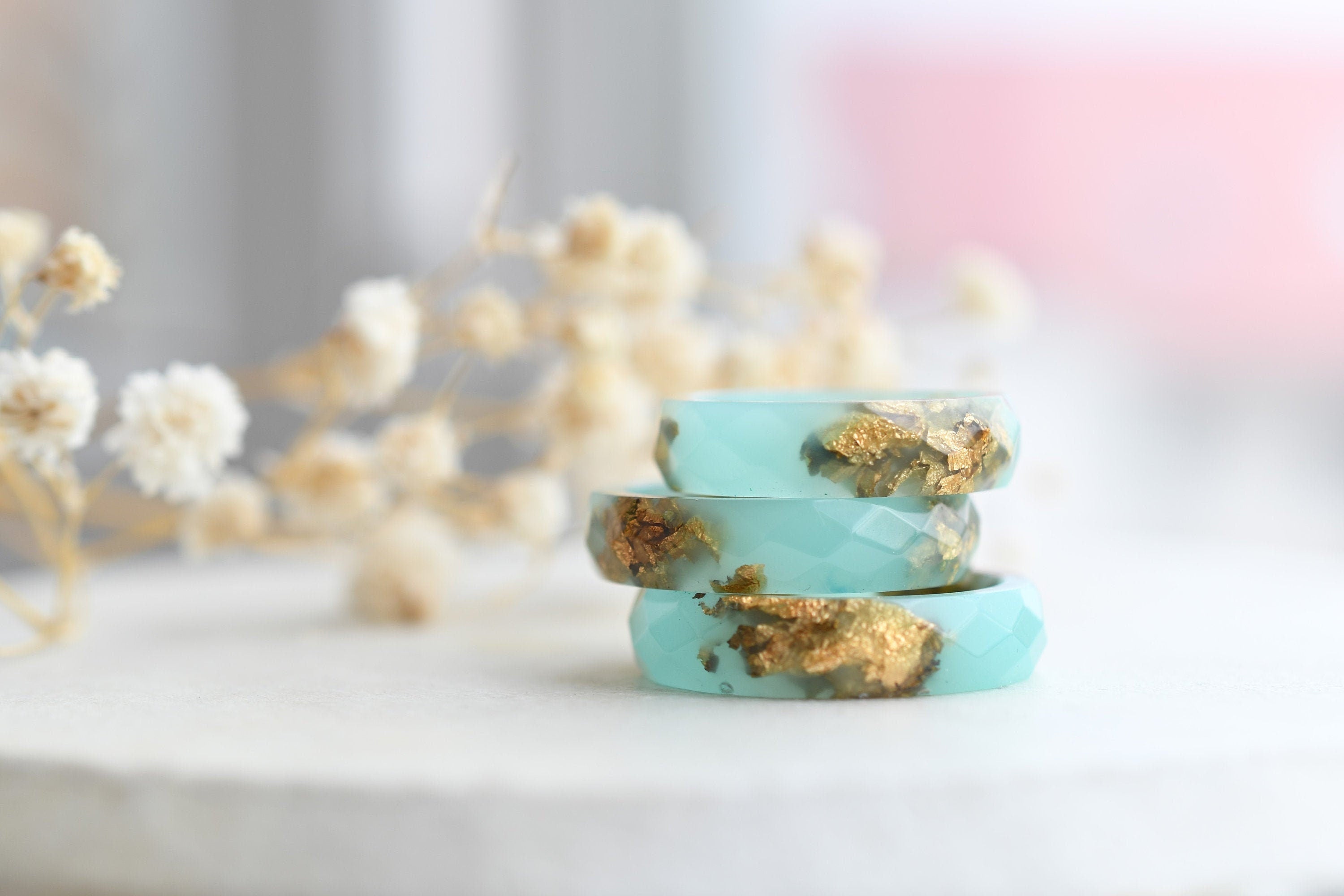Faceted turquoise resin ring with shimmering gold flakes — minimalist handmade jewelry