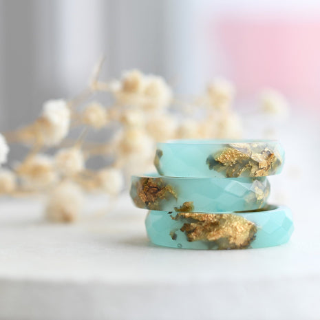 Faceted turquoise resin ring with shimmering gold flakes — minimalist handmade jewelry
