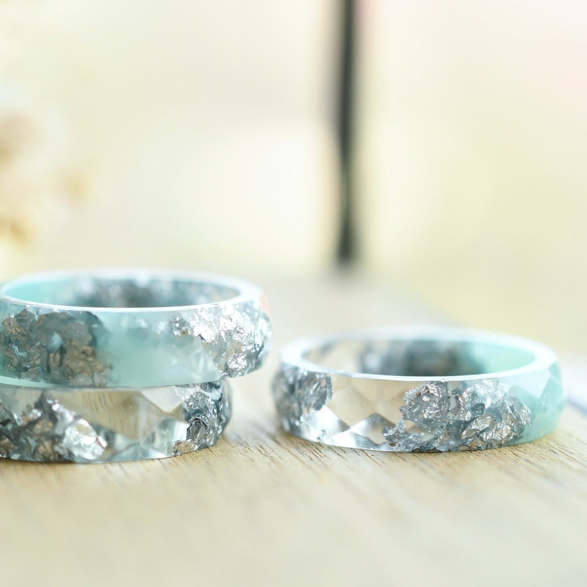 Silvermist Bloom faceted mint and clear resin ring silver flakes