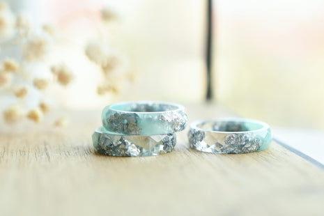 Mint and transparent resin ring with silver flakes handmade by Resity in Vienna