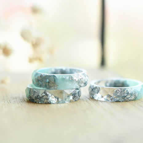 Mint and transparent resin ring with silver flakes handmade by Resity in Vienna