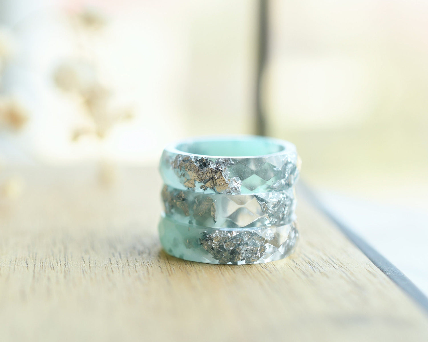 Hand-cast mint clear resin statement ring minimalist jewelry