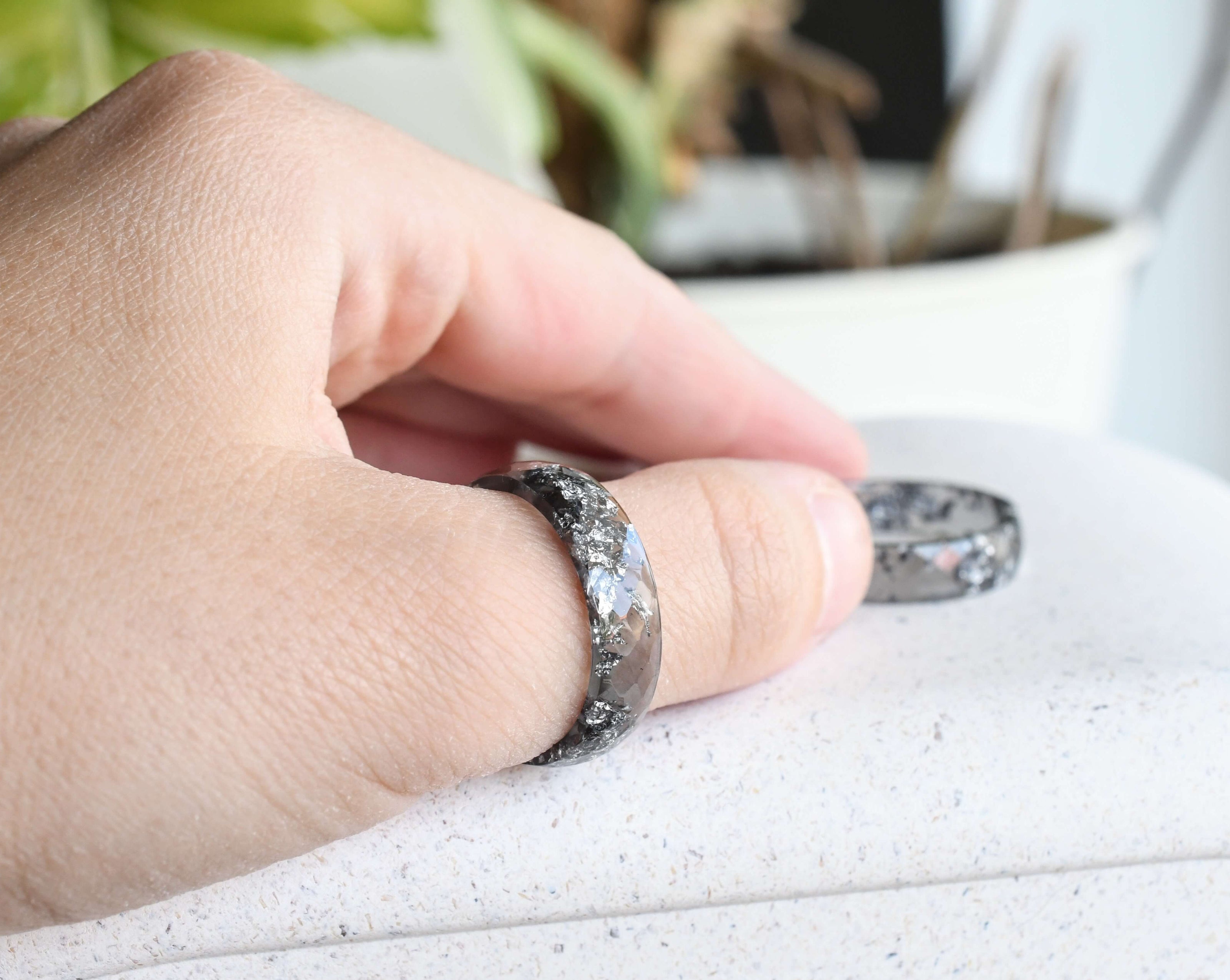 Charcoal Silver Leaf Ring stacked with other resin bands for contrast