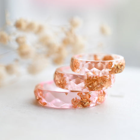 Pink faceted resin ring with gold flakes handmade by Resity in Vienna