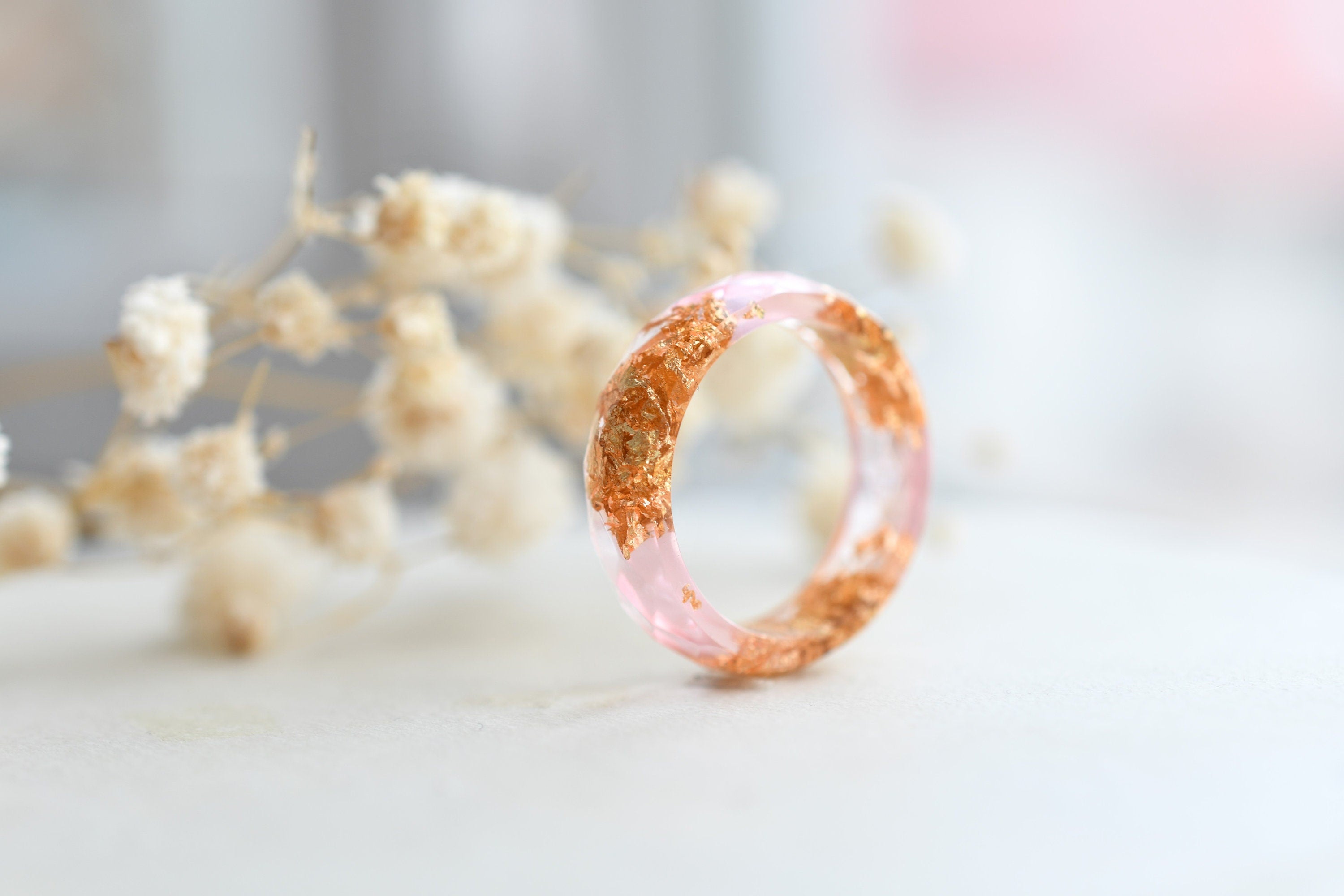 Faceted pink resin ring with shimmering gold flakes — minimalist handmade jewelry