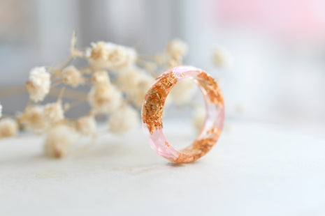 Faceted pink resin ring with shimmering gold flakes — minimalist handmade jewelry