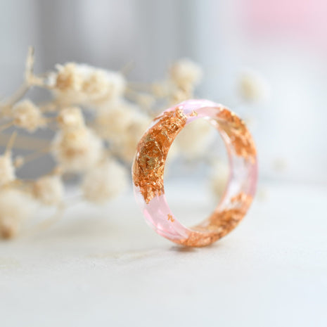 Faceted pink resin ring with shimmering gold flakes — minimalist handmade jewelry