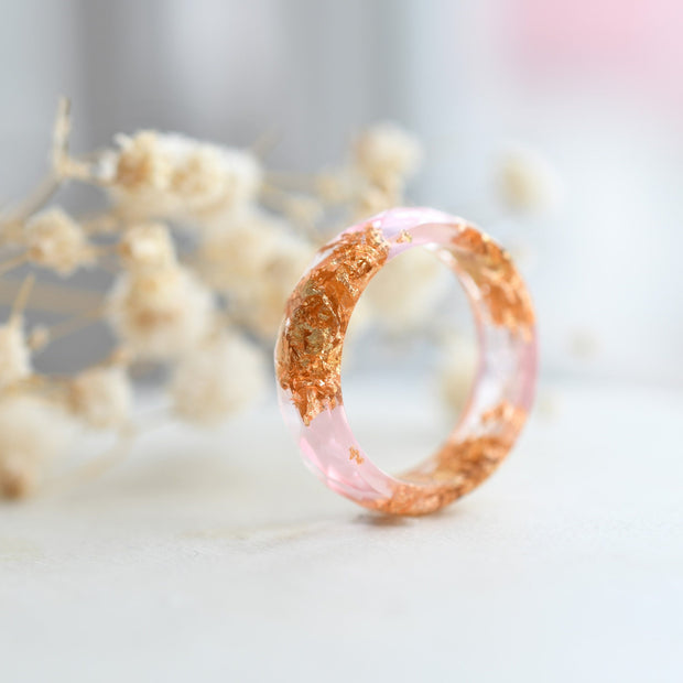 Faceted pink resin ring with shimmering gold flakes — minimalist handmade jewelry