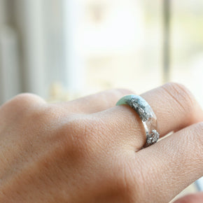 Mint resin ring with silver flakes worn on hand — unisex minimalist jewelry