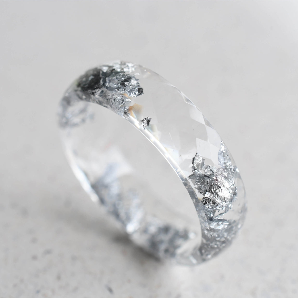 Silver Light Ring — clear resin wide band with silver leaf detail, handmade modern jewelry by Resity