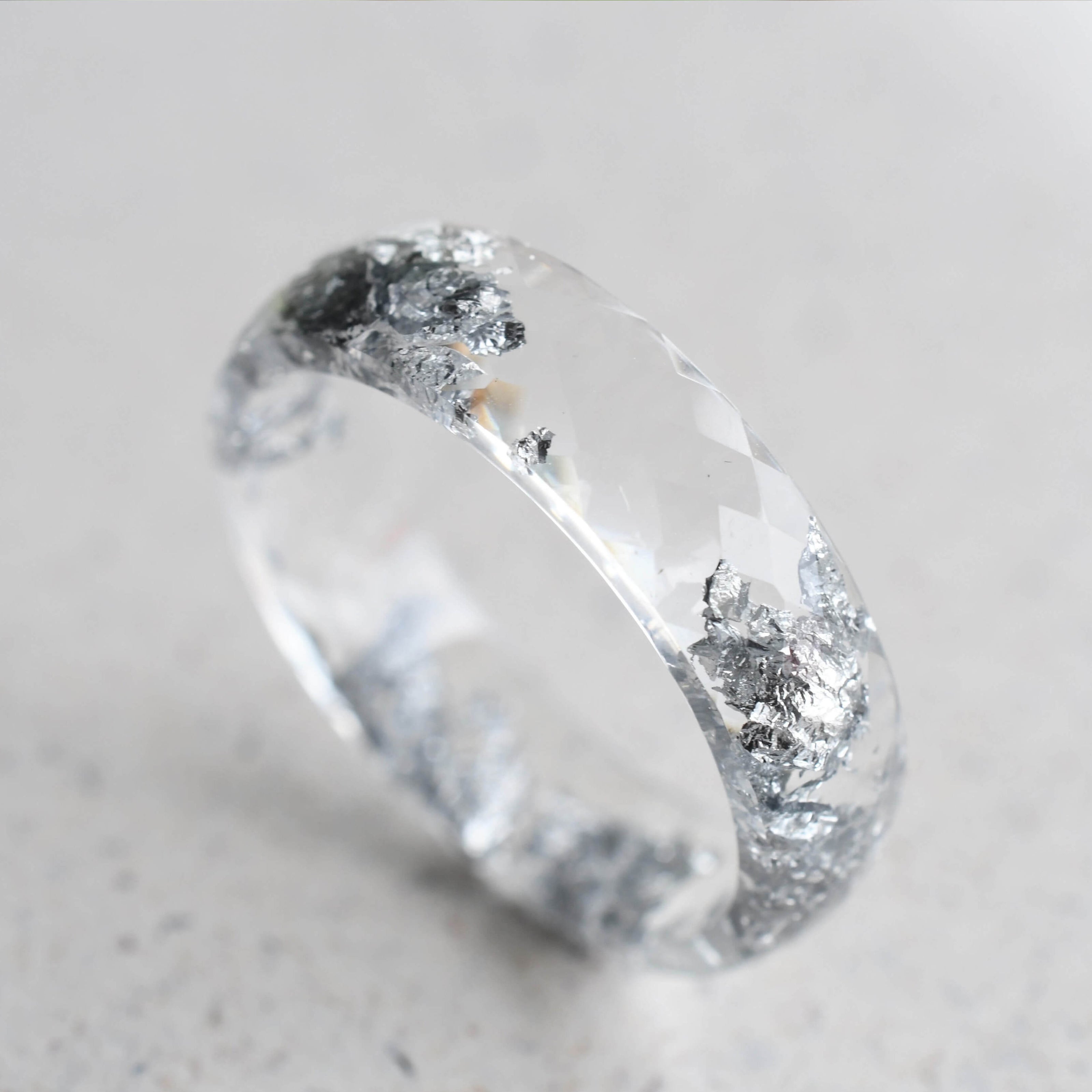 Silver Light Ring — clear resin wide band with silver leaf detail, handmade modern jewelry by Resity