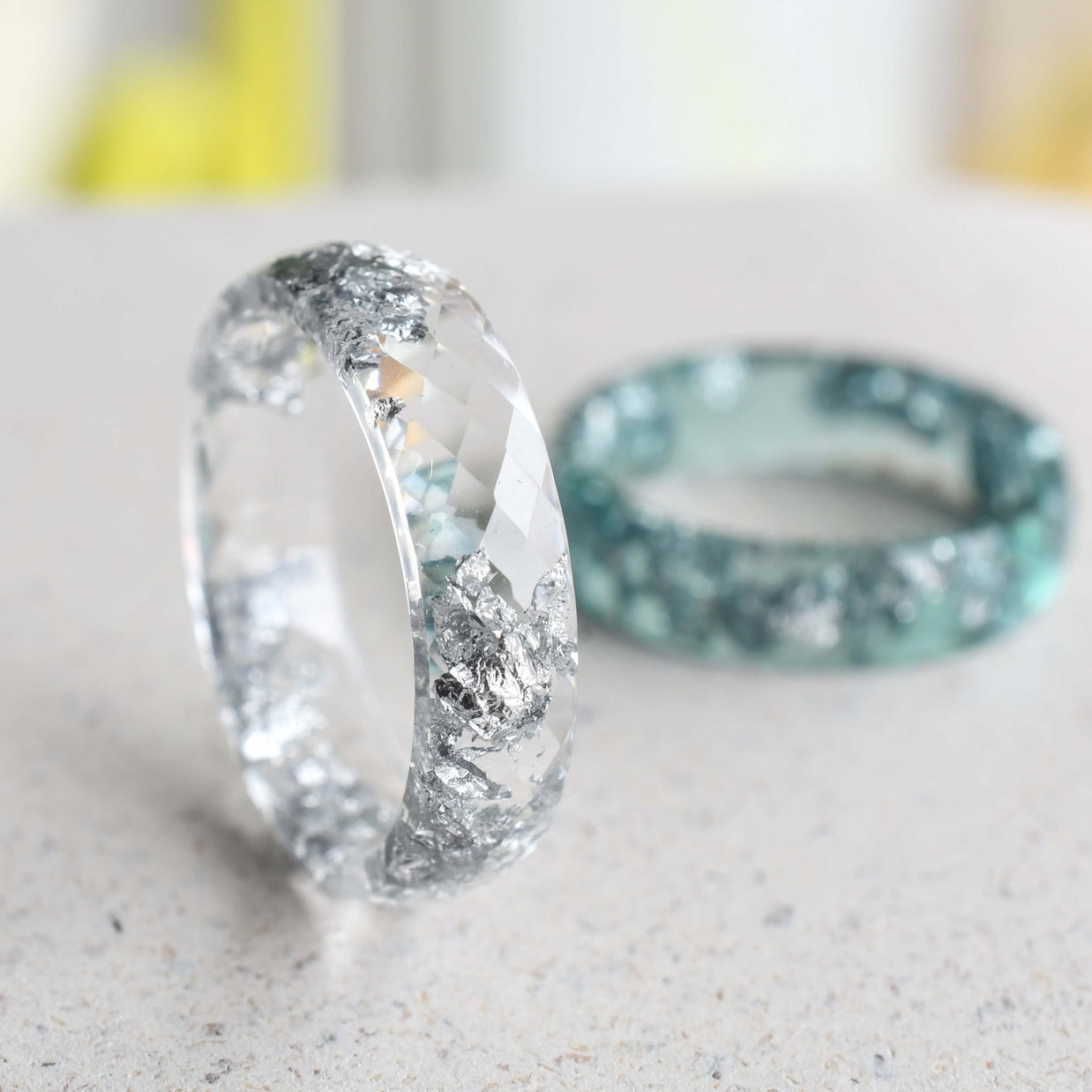 Transparent resin wedding band with silver leaf — unisex handmade minimalist jewelry from Vienna