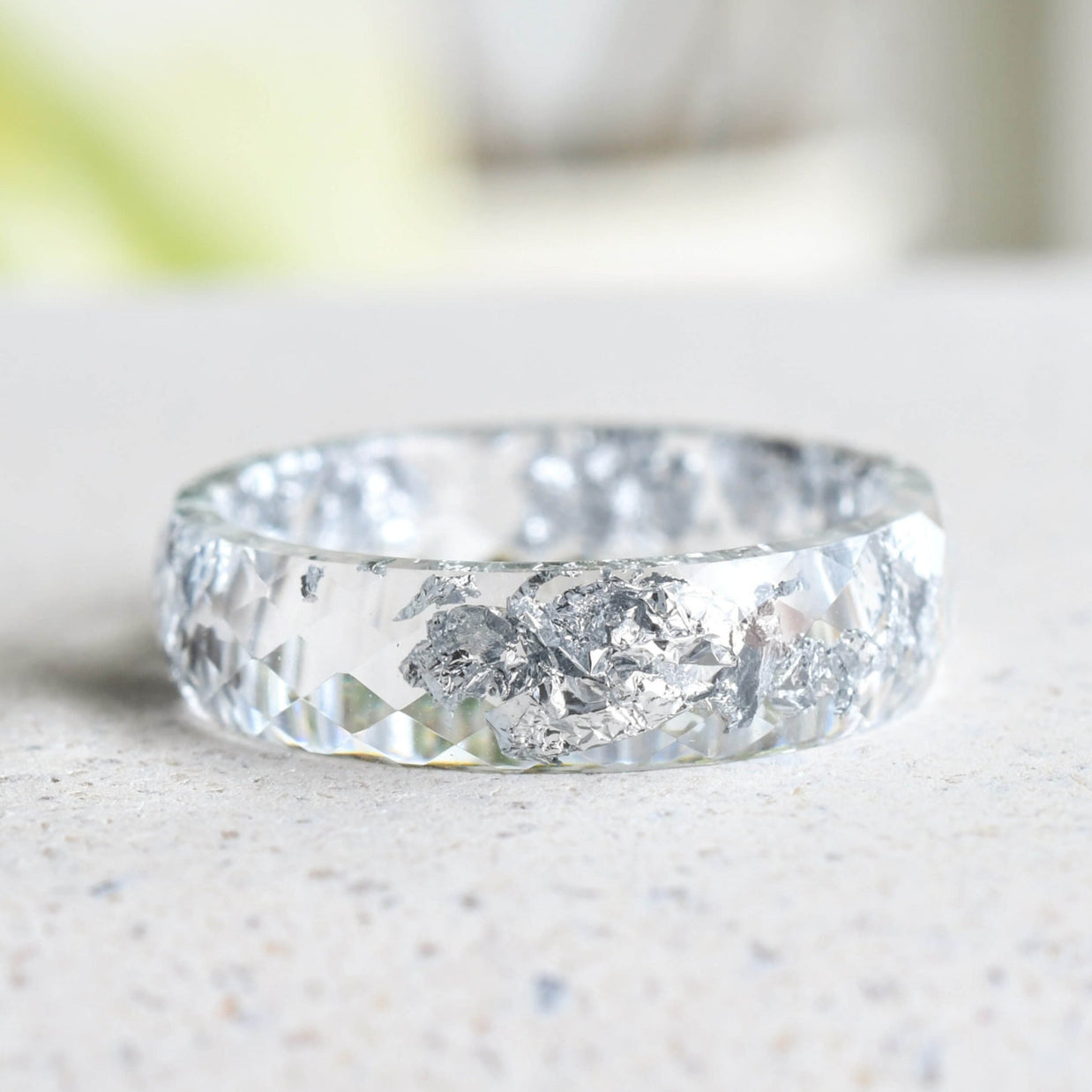 Handmade transparent resin ring with silver leaf — minimalist jewelry crafted in Vienna by Resity