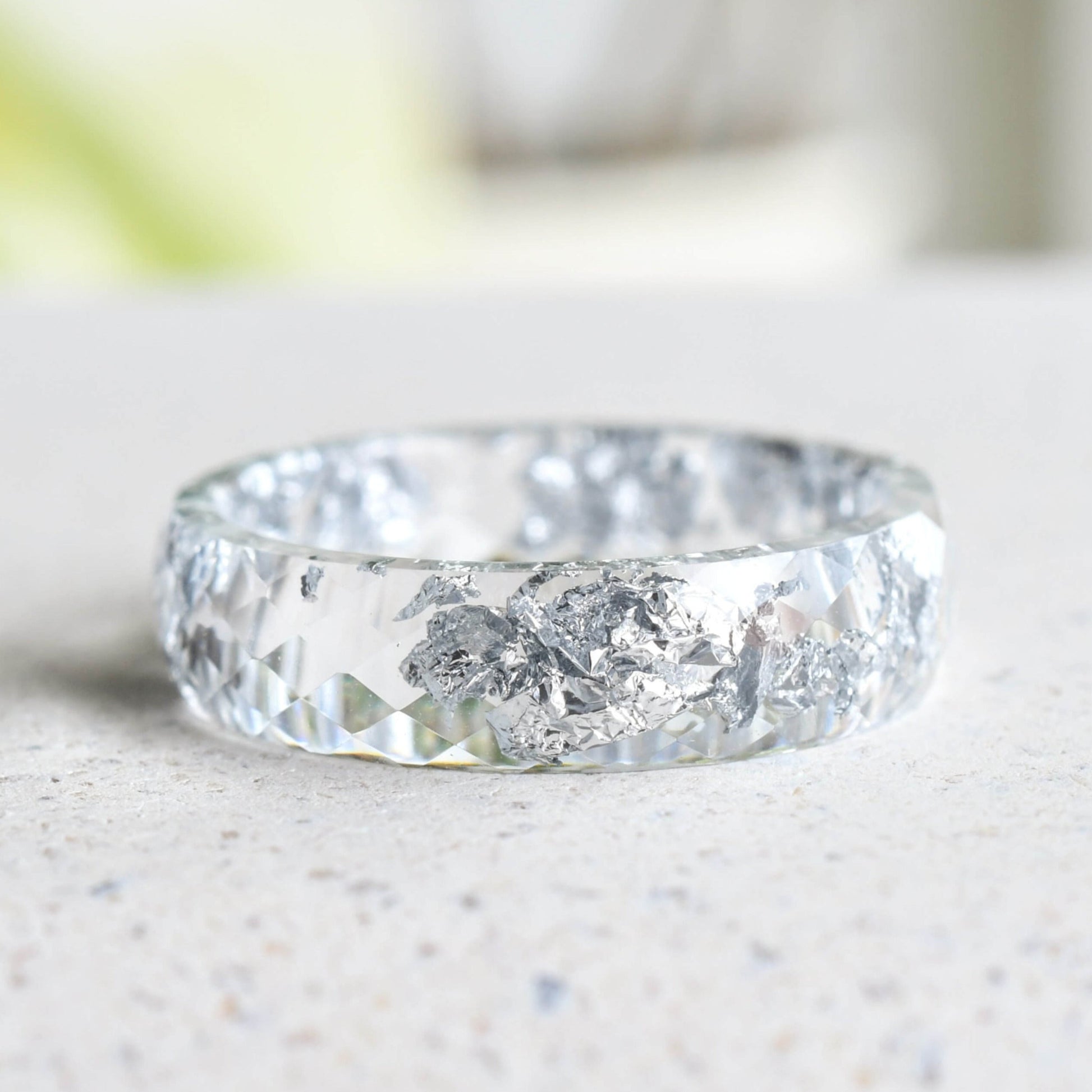 Handmade transparent resin ring with silver leaf — minimalist jewelry crafted in Vienna by Resity