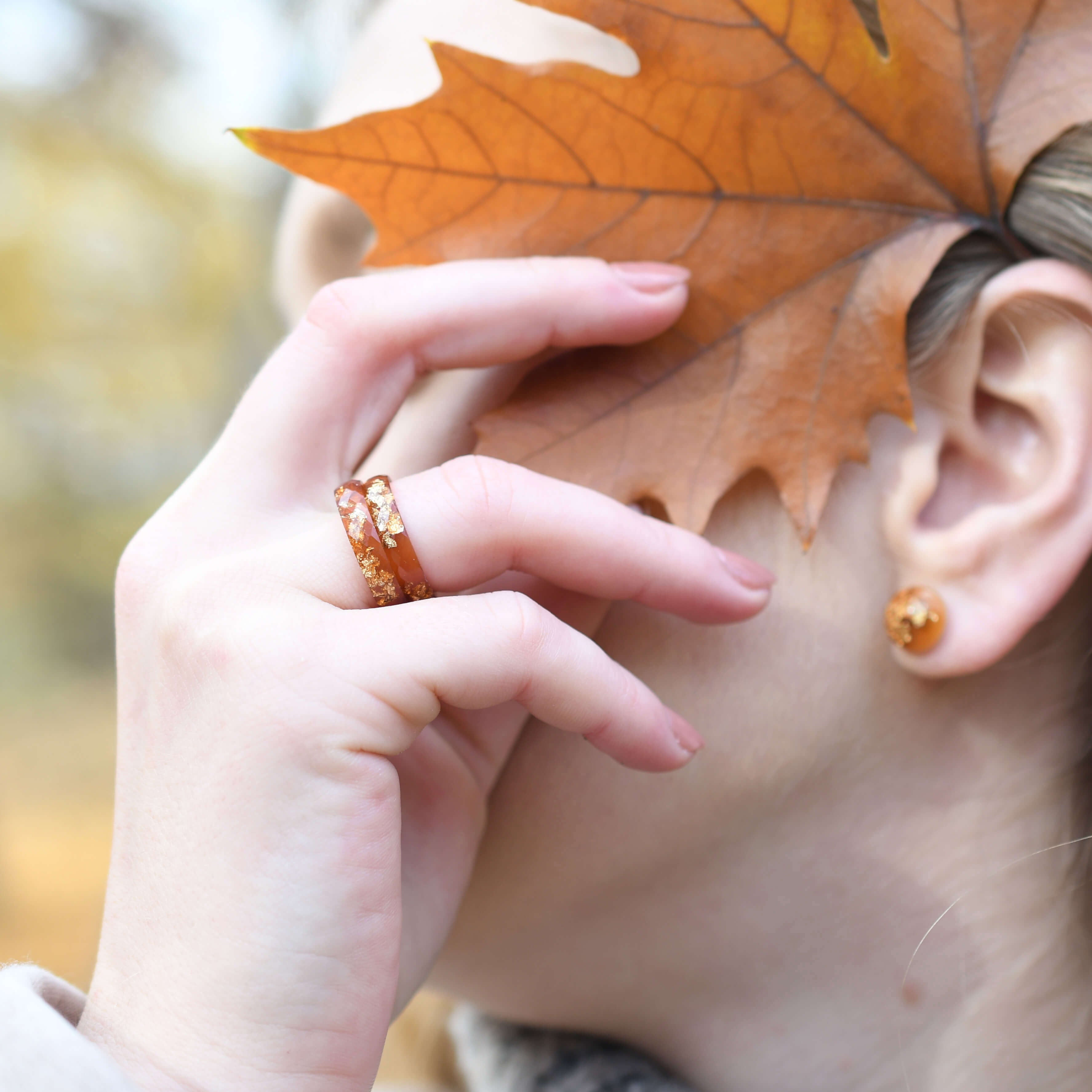 Warm sunstone gold leaf resin promise ring — European handmade jewelry for modern couples