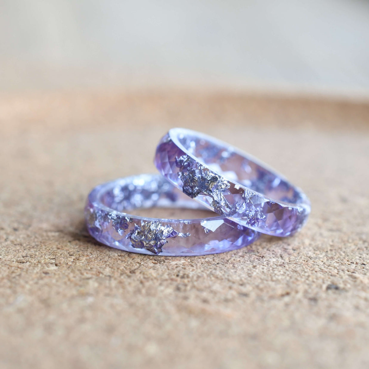 Wide amethyst resin ring with silver leaf — modern handmade jewelry crafted in Austria by Resity