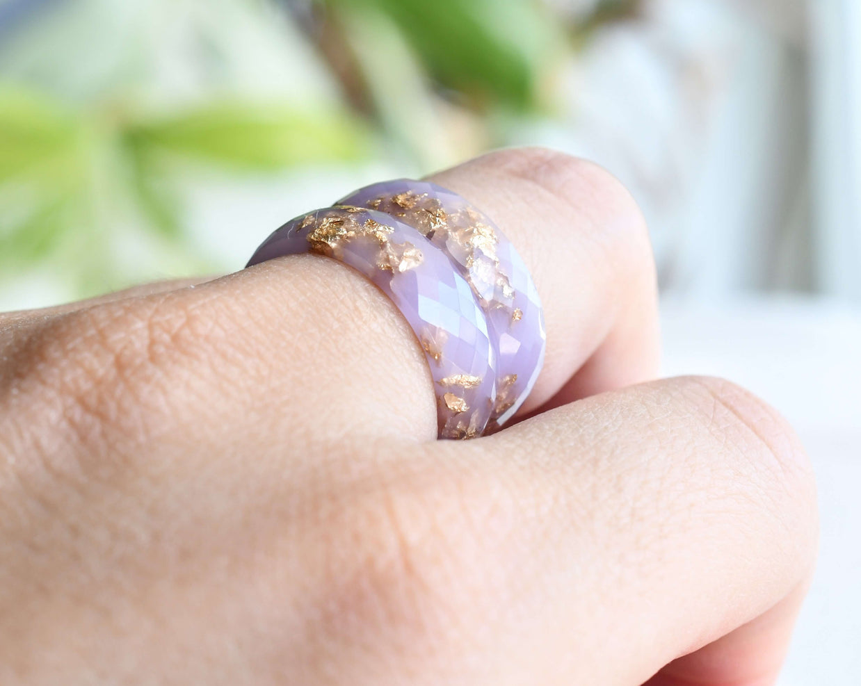 Wide dusty rose resin ring with gold leaf — minimalist handmade jewelry crafted in Austria by Resity